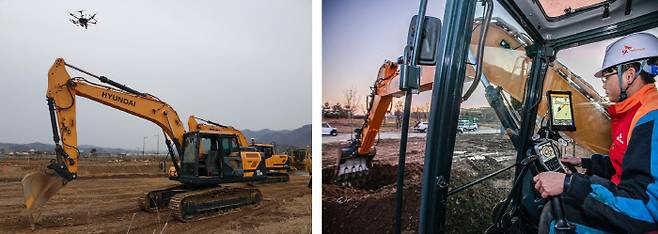 라이다 드론으로 측량해 만든 설계도면을 보며 굴착기 삽(버킷)에 달린 경사센서와 GPS 안테나, 수신박스 등 첨단 장치를 활용해 ‘스마트건설’ 작업을 하고 있는 모습. SK텔레콤 제공
