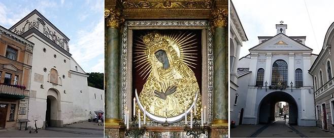 구 시가지의 성벽흔적에 남아있는 새벽의 문. 벨라루시 국경 가까이 있는 메디닌카이로 가는 도로가 지난다. 새벽의 문을 성 밖에서 본 모습(좌)과 성 안에서 본 모습(우). 성안에서 보면 새벽의 문 다락에 검은 성모의 아이콘이 있다(중) 사진=(중) Wikipedia