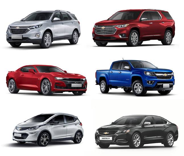 쉐보레 중형 SUV 이쿼녹스, 대형 SUV 트래버스, 픽업트럭 콜로라도, 준대형 세단 임팔라, 전기차 볼트 EV, 스포츠카 카마로 SS.(왼쪽 위부터 시계방향으로) ⓒ한국GM