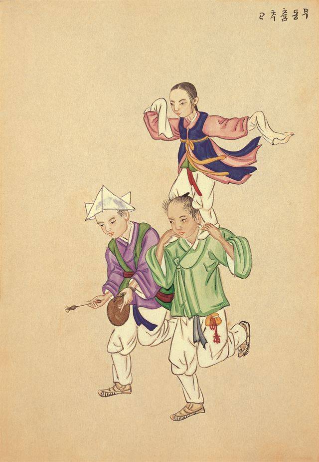 '기산풍속도' 중 가객이 소리를 하자 무동이 흥겹게 춤추고 있는 그림. 숭실대 한국기독교박물관 제공