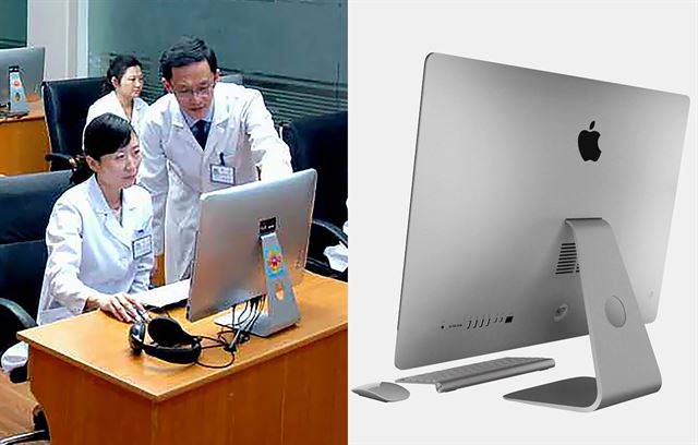 북한 노동신문이 20일 보도한 류경치과병원의 과학기술 보급 교육 관련 사진(왼쪽) 속 데스크탑 PC와 미국 애플사의 ‘아이맥’ 제품. 노동신문/뉴스1ㆍ애플스토어 캡처