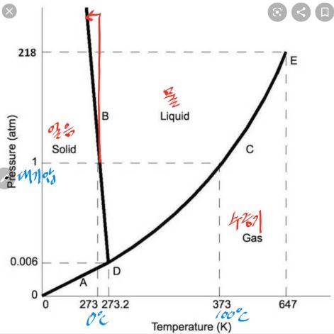 H2O의 상평형그림으로 가로축이 온도, 세로축이 압력(기압)이다. 물의 어는점(녹는점)이 0℃이고 끓는점이 100℃라는 건 대기압(1기압)일 때 얘기다. 스케이트를 타면 얼음에 닿는 면적이 작아 압력이 수백 기압까지 올라가지만 어는점 내림의 효과는 3도 내외에 불과해(빨간 선) 영하 20도에서도 빙판이 미끄러운 이유를 설명하지 못한다.  chem.libretexts.org 제공
