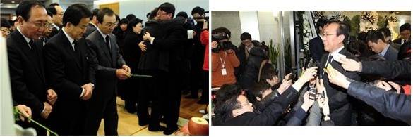 ▲ (왼쪽) 12월 30일 빈소가 차려진 서울 종로구 연건동 서울대학교병원 장례식장에서 노회찬, 정동영(민주통합당 의원), 이해찬(전 국무총리)이 조문을 하고 있다.