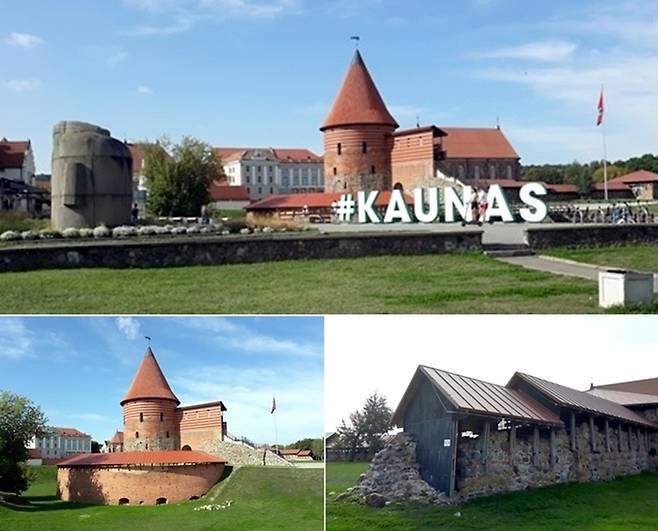 카우나스 성을 두르고 있는 해자 앞에는 'KAUNAS'라는 표지를 세웠다(상). 원형탑에는 미술관이 들어있다(좌하). 원형탑의 반대편 두물머리 쪽에는 무너진 성곽이 보존돼있다(우하).