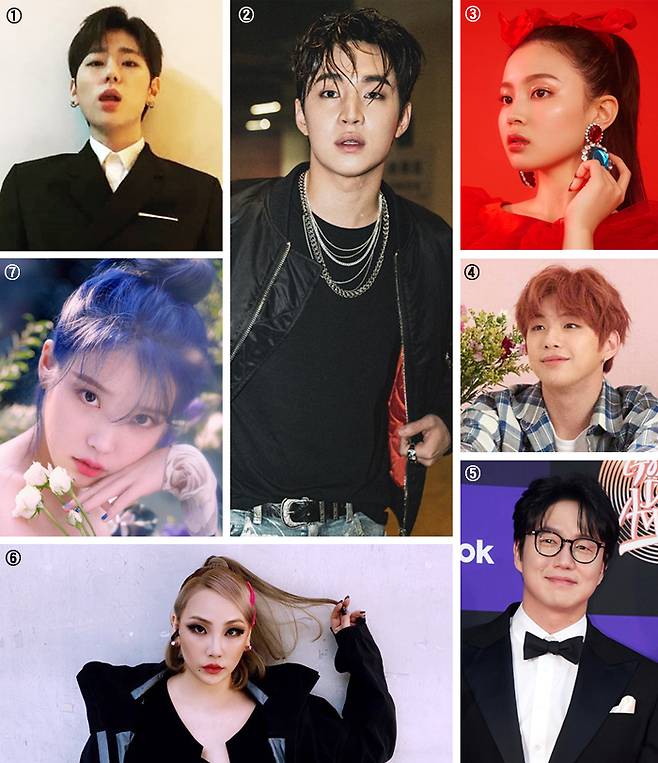대형 기획사를 떠나 독자 행보를 걷는 가수들이 늘고 있다. ①지코 ②헨리 ③이하이 ④강다니엘 ⑤성시경 ⑥씨엘 ⑦아이유. /인스타그램·허상욱 스포츠조선 기자