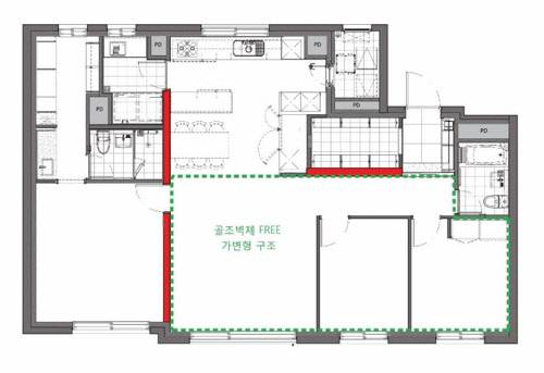 대림산업이 작년 소비자 맞춤형 주거 플랫폼으로 도입한 'C2 하우스' 기술 가운데 가변형 벽식 구조를 특허 등록했다. 사진은 C2하우스 평면도.



<대림산업 제공>