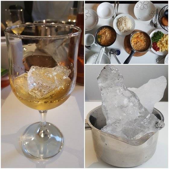 빙하에서 떨어져 나온 얼음 조각으로 라면을 끓이고 위스키온더락을 만들었다. 최준호 기자