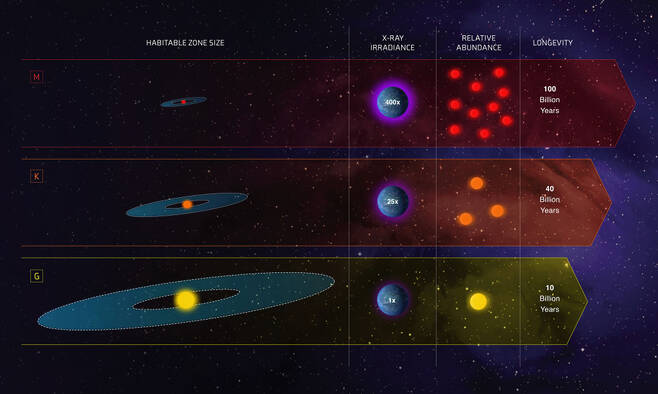 ‘골디락스 존’을 가진 각 유형의 별들. 방사선 조사량과  전체 별들에서 차지하는 비율, 별의 수명들이 표시되어 있다. (출처: NASA ESA, Z. Levy (STScI)