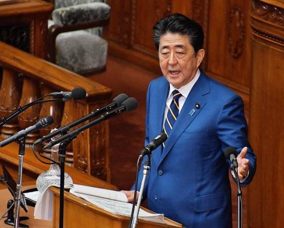 아베 신조 일본 총리가 지난달 20일 우리의 정기국회 시정연설에 해당하는 통상국회 시정방침연설을 하고 있다. [UPI=연합뉴스]