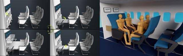 항공기 좌석 제조사인 애디언트 에어로스페이스는 벽에 지지대를 부착해 좌석과 연결한 뒤 평상처럼 사용할 수 있는 디자인을 선보였다(왼쪽 사진). 독일 항공기 제조사인 헤인켈은 등받이를 회전해 서로 마주보면서 동시에 공간을 확보할 수 있는 좌석 디자인을 소개했다(오른쪽 사진). CCA협회 제공