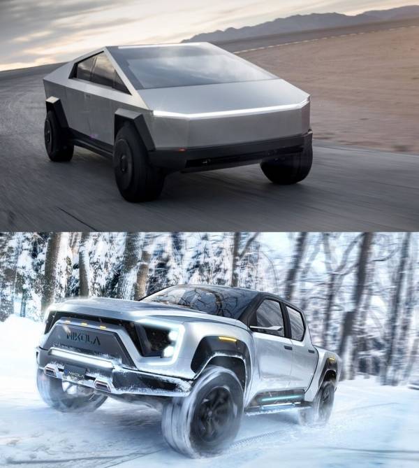 테슬라 '사이버트럭' (상), 니콜라 모터스 ‘Badger(뱃저)’ 전기 픽업트럭 컨셉트 (하)