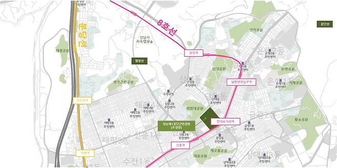 △신흥동 일대 공원∙산과 지하철 위치 [지도 출처 = 국토정보맵]