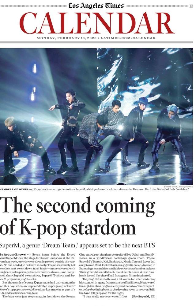 [서울=뉴시스] 슈퍼엠 LA 타임즈 연예 섹션 커버. (사진 = SM엔터테인먼트 제공) 2020.02.12 realpaper7@newsis.com