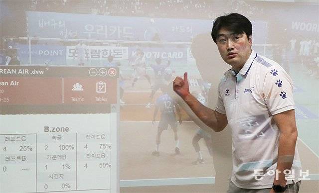 18일 인천 송림체육관에서 만난 김재헌 우리카드 수석코치가 팀의 경기 장면을 보며 전력분석에 대해 설명하고 있다. 그는 “분석보다 더 중요한 건 작전 수행 능력이다. 분석은 분명 득이 되지만 때론 독이 되기도 한다”고 거듭 강조했다. 인천=김동주 기자 zoo@donga.com