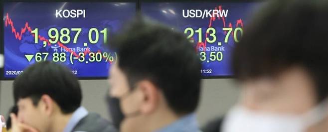 지난달 28일 서울 중구 을지로 하나은행 딜링룸에서 마스크를 쓴 직원이 업무를 보고 있다. 이날 코스피는 전 거래일보다 67.88포인트(3.30%) 내린 1987.01로 마감했다. 연합뉴스