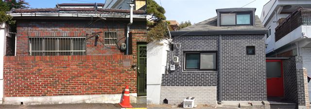 2013년 매입할 당시 서울 연희동 주택. 1960년대 스타일의 붉은색 벽돌, 창문을 절반 정도 가린 담이 있다(왼쪽 사진). 부부가 이 집을 회색 벽돌, 빨간 대문 집으로 바꿨다(오른쪽). 정재은 제공