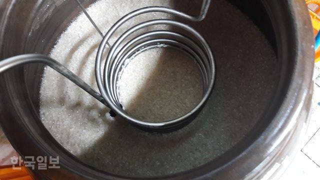 신평양조장 발효실에 있는 항아리 안에서 기포가 보글보글 올라오고 있다. 밑술이 발효되고 있다는 뜻이다