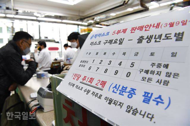 9일 오후 서울시 중구 한 약국에 마스크 5부제를 알리는 안내문이 붙어있다. 9일부터 공적 마스크 5부제가 시행됐지만 마스크가 빠르게 소진돼 오후에 약국을 찾은 시민은 빈 손으로 발걸음을 돌렸다. 정준희 인턴 기자.
