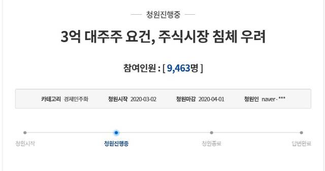 청와대 국민청원 게시판에 올라온 ‘3억 대주주 요건’ 관련 국민청원./청와대 홈페이지 캡처.