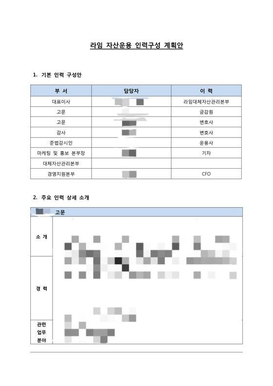 코스닥 상장사 실소유주 김모 회장이 작성한 것으로 알려진 '라임자산운용 인력구성 계획안' 문건.