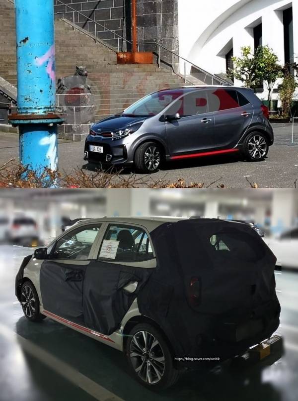 기아차 '모닝 페이스리프트' (상), 기아차 '모닝 페이스리프트' 위장막 (하) (출처 ː the korea car blog, youngtimers 블로그)