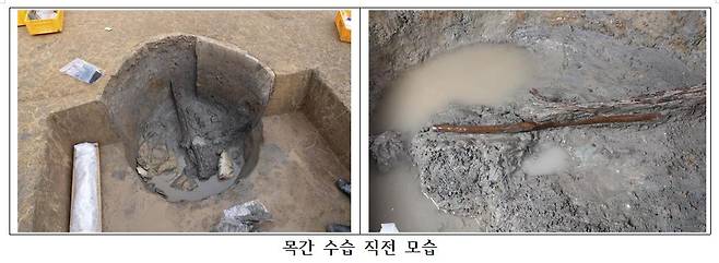 명문목간을 수습하기 직전의 모습. 6세기 후반 신라 중앙정부는 소월리 인근에 저수지를 쌓고는 수확량의 40%에 해당되는 세금을 걷어갔다. 목간은 신라 토지제도인 결부제에 따라 수확량을 조사하고 세금을 걷는 용도로 제작된 것으로 보인다.|화랑문화재연구원 제공