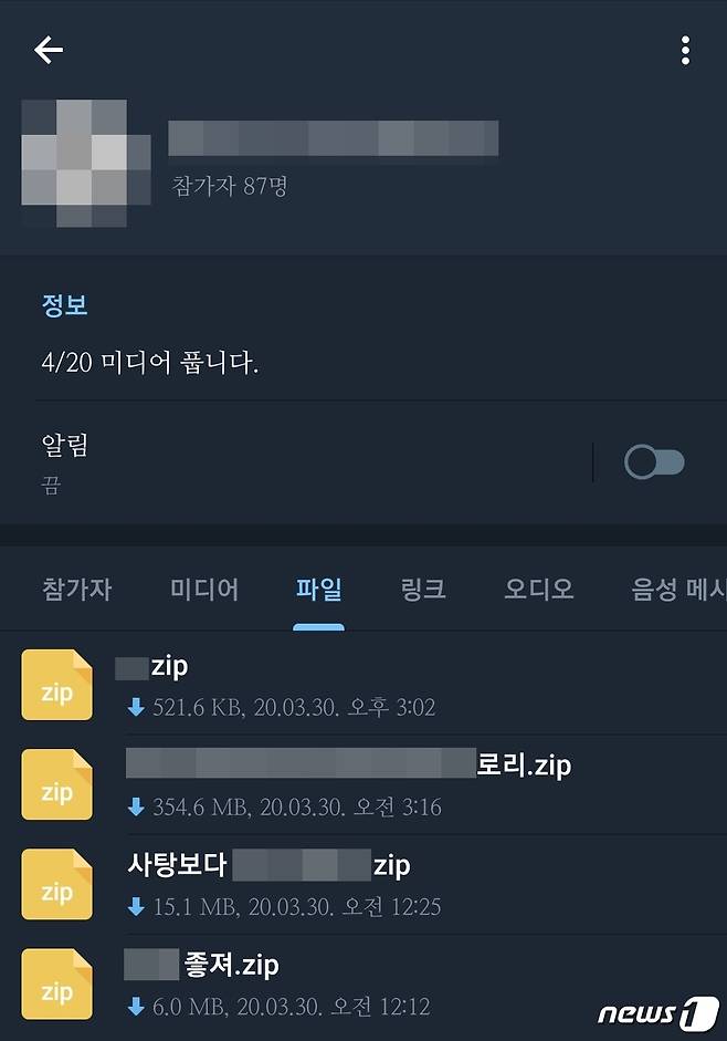 앞서 공개돼 유지 중인 '유품방' 외 또다른 채팅방에서 불법성인물 등이 압축파일 형태로 공유되고 있다. © 뉴스1 황덕현 기자