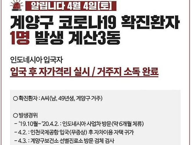 인도네시아 6개월 체류 70대, 귀국 후 코로나19 확진 [인천 계양구 홈페이지]