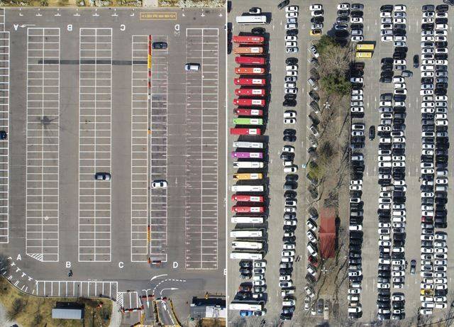 5일 오후 코로나19 확산 방지를 위해 폐쇄된 서울 여의도 한강공원 3주차장이 한산한(왼쪽) 반면, 벚꽃 축제는 취소됐지만 통제 조치는 없었던 경기 과천 서울대공원 주차장에 상춘객들이 세워놓은 차량이 빼곡하다. 연합뉴스ㆍ뉴스1