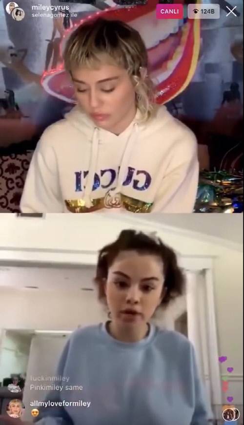 마일리 사이러스(위)과 셀레나 고메즈가 지난 3일 인스타그램 라이브 토크쇼에서 이야기를 나누고 있다. 출처|‘마일라 사이러스 네이션’ 유튜브 캡처