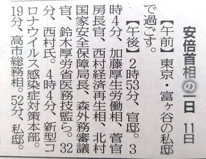 일본 일간지에 게재된 아베 신조 총리의 11일 동정