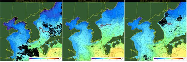 천리안1호로 확인한 한반도 해수온. 좌측부터 2018년 1월, 2019년 1월, 2020년 1월 (자료 : 기상청)