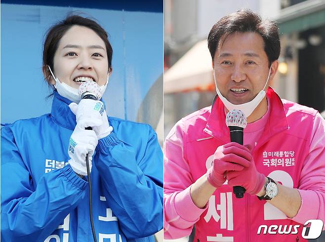 4·15 총선 서울 광진을에 출마한 고민정 더불어민주당 후보(왼쪽)와 오세훈 미래통합당 후보가 14일 서울 광진구에서 유권자들을 향해 지지를 호소하고 있다. 2020.4.14/뉴스1 © News1 박지혜 기자
