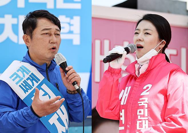 최재성 더불어민주당(왼쪽), 배현진 미래통합당 서울 송파을 후보가 14일 오전 서울 송파구 석촌호수, 장지역 인근에서 각각 지지를 호소하고 있다. 뉴스1