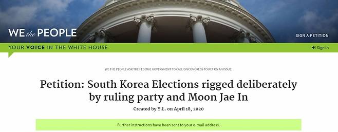 백악관 청원게시판 '위 더 피플'(We the People)에 올라온 한국 21대 총선 조작 의혹 제기 청원 원문 /사진='위 더 피플' 캡처