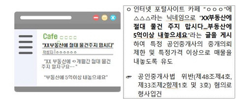 부동산 온라인 커뮤니티 등에 집값 담합을 유도하는 게시글 사례.<국토부 제공>