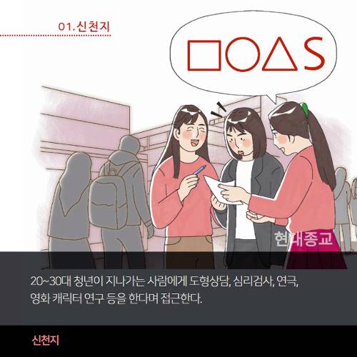 신천지는 20~30대 신도들이 포교를 나가 신분과 소속을 밝히지 않은 채 도형상담, 심리검사 등을 해준다며 접근한다. 이를 통해 모은 개인정보는 신천지 추수꾼에게 전달돼 포교 전략을 짜는 데 활용된다. 현대종교 제공