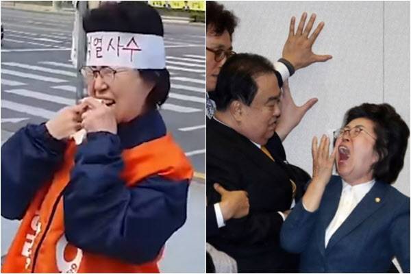 이은재 의원이 지난 12일 '윤석열 검찰총장을 사수하자'는 혈서를 쓰기 전 손가락을 깨물고 있다(왼쪽). 오른쪽은 지난해 4월 '패스트트랙 사태' 당시 본회의장 농성 도중 문희상 국회의장에게 "성희롱하지 말라"고 외치는 이 의원의 모습./유튜브 캡처, 연합뉴스