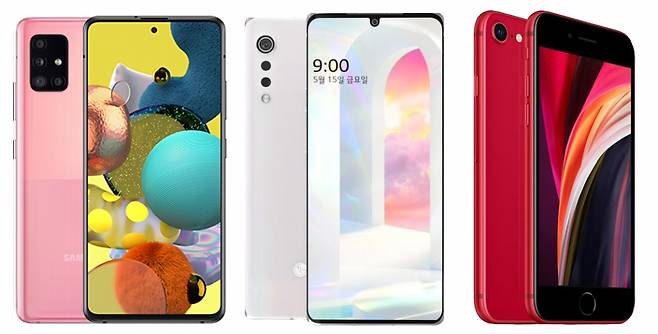 (왼쪽부터)갤럭시A51 5G, LG 벨벳, 아이폰SE /사진=삼성전자, LG전자, 애플