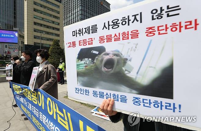동물실험 중단 촉구하는 참석자들 (서울=연합뉴스) 류효림 기자 = 24일 오후 서울 광화문광장에서 열린 동물실험 반대 기자회견에서 참석자들이 동물실험 중단을 촉구하고 있다. 2020.4.24 ryousanta@yna.co.kr