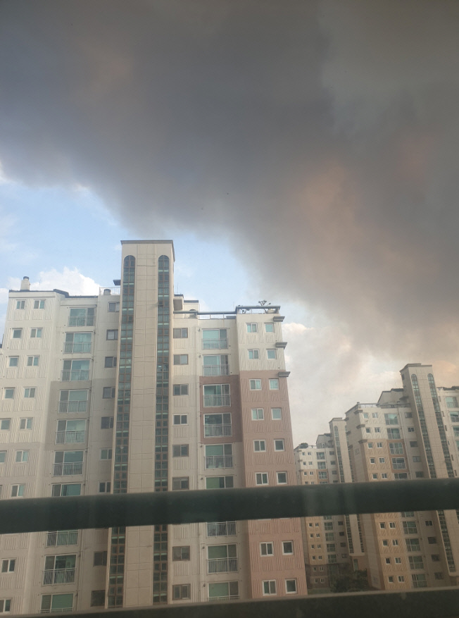 산불 발생 지점에서 약 20㎞ 떨어진 안동시  한 아파트 주거지역의 25일 오후 하늘 모습.  독자제공.