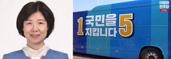 양정숙 더불어시민당 당선자(왼쪽), 민주당이 선거 유세에 사용하기 위해 제작했던 선거 유세 버스/유튜브 캡처