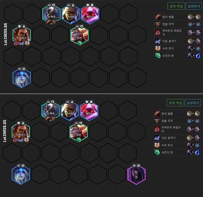 4천상-2해적-2수호자 조합의 6레벨 배치(위쪽)와 7레벨 배치(사진=롤체지지 배치툴).