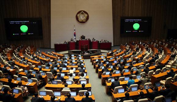 29일 국회 본회의에서 이른바 ‘n번방 사건 방지법’으로 불리는 성폭력범죄의 처벌 등에 관한 특례법 일부 개정 법률안이 가결되고 있다.연합뉴스