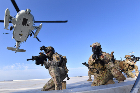 25일 열린 동해영토수호 훈련에 참가한 해군 특전요원(UDT)들이 해상기동헬기(UH-60)로 독도에 전개해 사주경계를 하고 있다. 2019.8.25 해군 제공