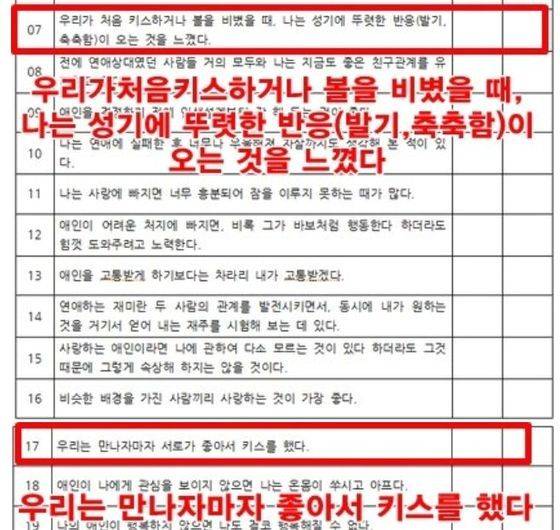 서울 동작구의 한 여자고등학교 기술가정 과목 교사가 신입생들을 대상으로 설문조사한 내용의 문항 일부.(GMW연합 제공)/사진=뉴스1