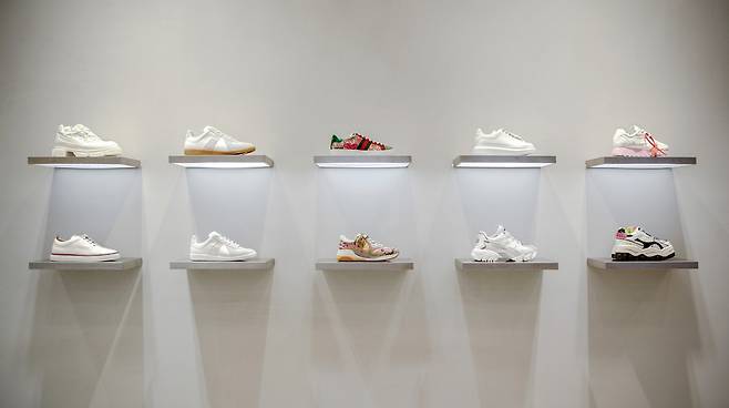 경기 안양시 롯데백화점 평촌점 프리미엄 스니커즈 편집숍 ‘스니커바’에 진열된 신발들. 사진 강현욱(스튜디오 어댑터)