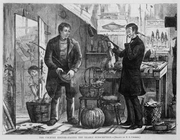 닭을 대가로 물물교환을 요구하는 남자. 1874년 미 주간지 하퍼스 위클리에 실린 그림. /미 의회도서관
