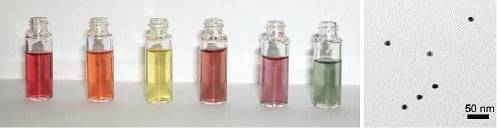 <그림2> 은 나노 입자가 분산된 수용액의 다양한 색(좌)과 은 나노 입자의 전자현미경 사진(우)