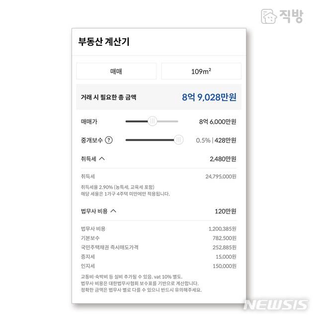 [서울=뉴시스]직방은 아파트 거래에 드는 제반 비용을 한 눈에 볼 수 있는 부동산 계산기 서비스를 시작한다고 19일 밝혔다. (제공 = 직방) 2020.05.19.